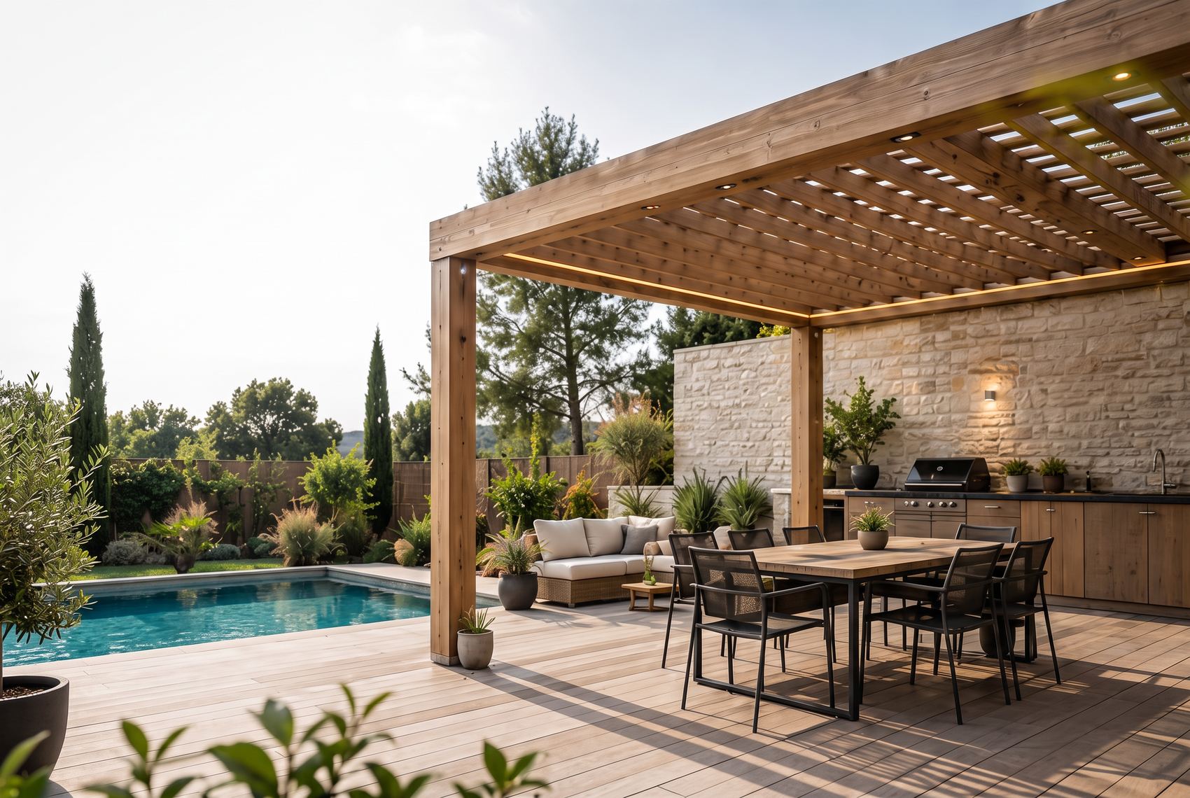 Terrasse bois avec pergola et piscine intégrée, aménagement extérieur Levier Premier