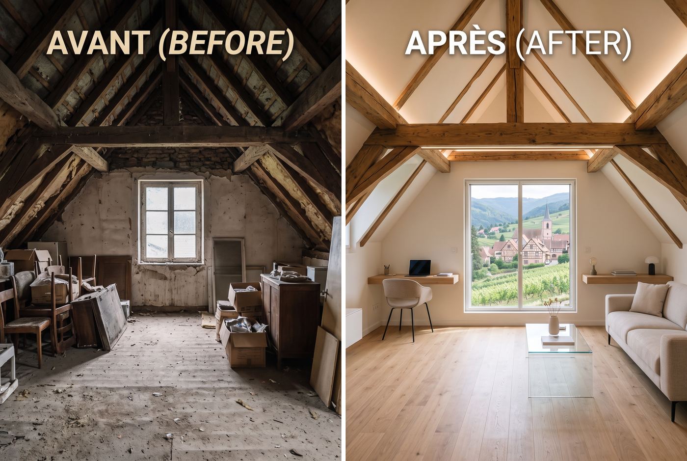 Renovation interieure avant apres, charpente et amenagement