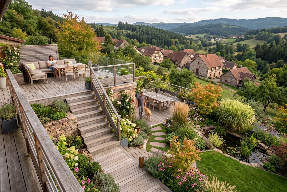 Terrasse en bois a plusieurs niveaux avec escalier
